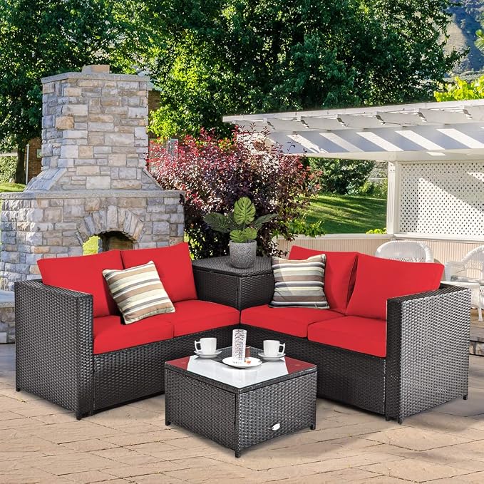 Tangkula 4 Piece Wicker Patio Set with Storage, All Weather-Proof Outdoor Conversation Set, with Loveseat, Glass Top Coffee Table & Storage Box, Suitable for Garden, Poolside, Sunroom (1, Red)
