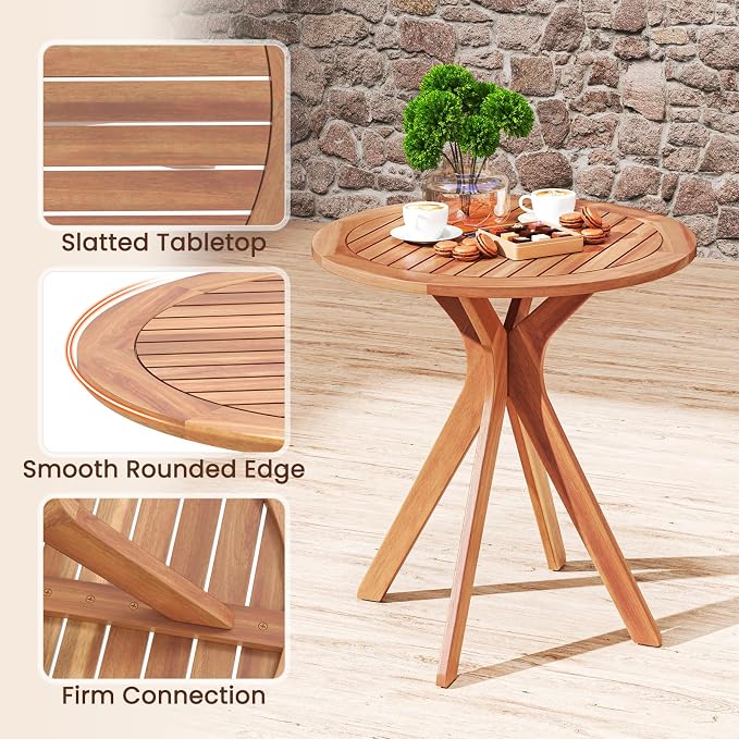 Tangkula 27.5 Inch Acacia Wood Outdoor Patio Bistro Table, Round Wooden Table w/X Base, Coffee Side Bistro Table for Garden, Backyard, Patio, Living Room (Teak)