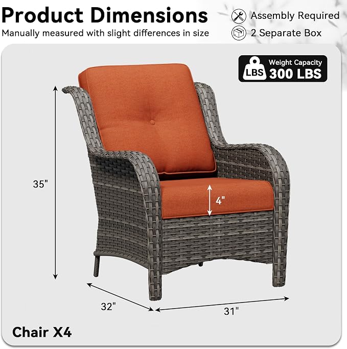 4 Piece Outdoor Wicker Patio Furniture Set, Patio Chairs Set of 4 with Thickened Olefin Cushions, High Back and Deep Seating, Hand-Woven PE Rattan for Porch, Deck, Orange