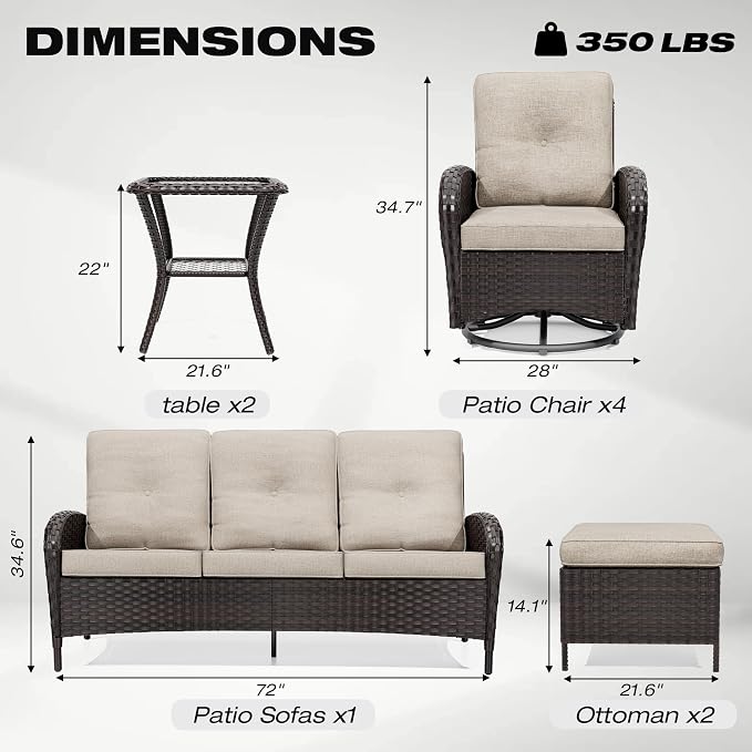 Joyside Wicker Patio Furniture Set, 9 Piece Outdoor Furniture Set with Thickened Cushions, High Back, Deep Seating, Wide Armrest, Outdoor Swivel Rocker Chairs for Porch, Deck