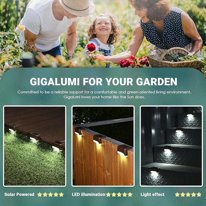 GIGALUMI Solar Deck Lights Outdoor, 16 Pack Waterproof LED Solar Lights for Stairs, Step, Fence, Railing, Yard and Patio (Cool White) | Solar LED Lights for Outdoor Stairs, Step, Fence, Railing, Yard and Patio