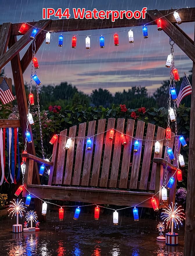 8.5Ft 4th of July String Lights, 10 LED Red White Blue Shotgun Shell Lights | Plug in for Home Classroom Porch Backyards Tree Patriotic Holiday Decorations, Indoor and Outdoor Use