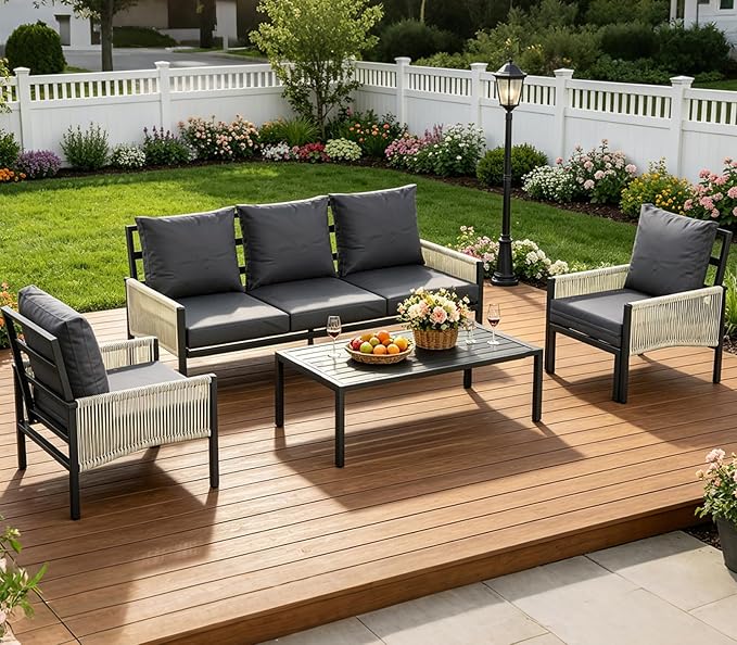 AECOJOY Aluminum Patio Furniture Set 5 Seats Outdoor Sectional Sofa Couch with Coffee Central Table Patio Conversation Sets for Porch Deck, Dark Grey