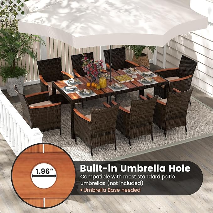 Tangkula 9 Pieces Outdoor Dining Set - Patio Wicker Furniture with Acacia Wood Table Top, Rattan Dining Table Chairs Perfect for Outdoor and Indoor
