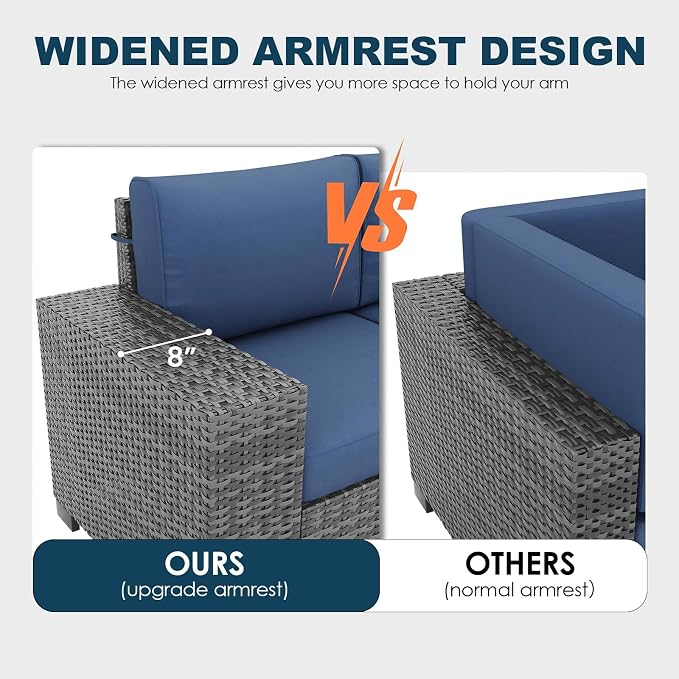 5 Piece Patio Furniture Set with Fire Pit Table, Outdoor Conversation Sets Grey Wicker Rattan Sectional Sofa, 4'' Thickened Cushion Navy Blue
