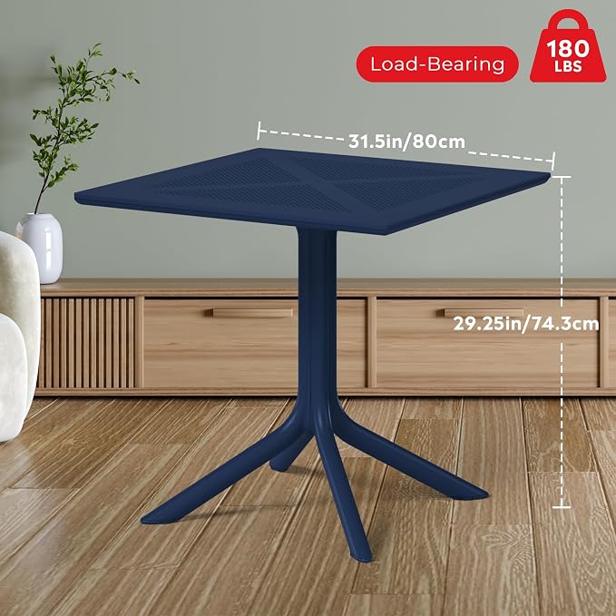 Costaelm Patio Dining Table for 4, Square PP Patio Table, 4-Person Weather Resistant Porch Tables for Outside Poolside Deck Lawn Garden Backyard, Navy Blue