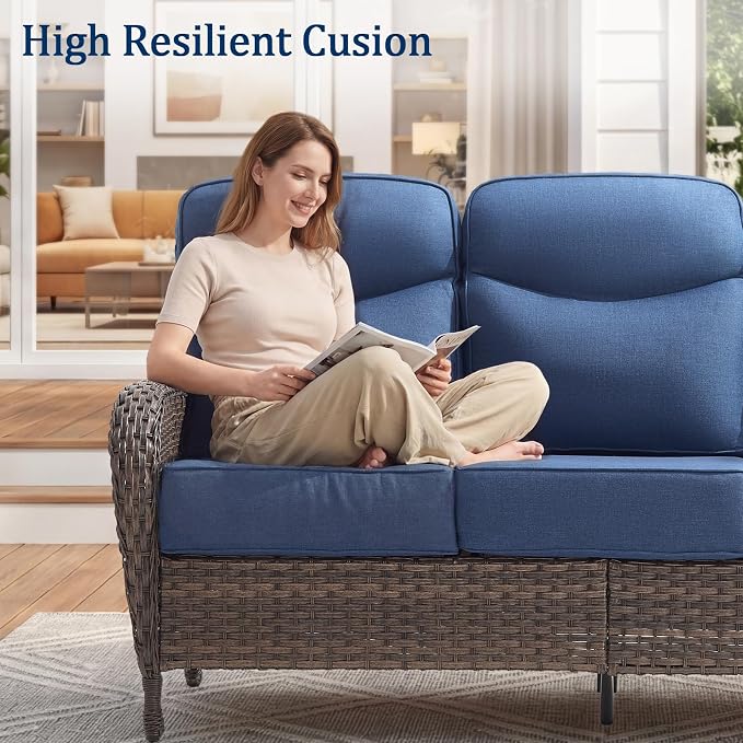 Outdoor Swivel Rocking Chair Patio Set (8pcs) High-Back - Thick Cushion Swivel Rocking Chair Patio with Fire Table Set, All-Weather Wicker Patio Furniture Set, Suitable for Balcony Patios, Brown/Blue