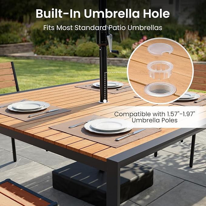 9-Piece Patio Dining Set, 56" Square Outdoor Table with Recliner Chairs | Aluminum Frame Adjustable Back& WPC Tabletop with Umbrella Hole for Garden Backyard Porch, Brown