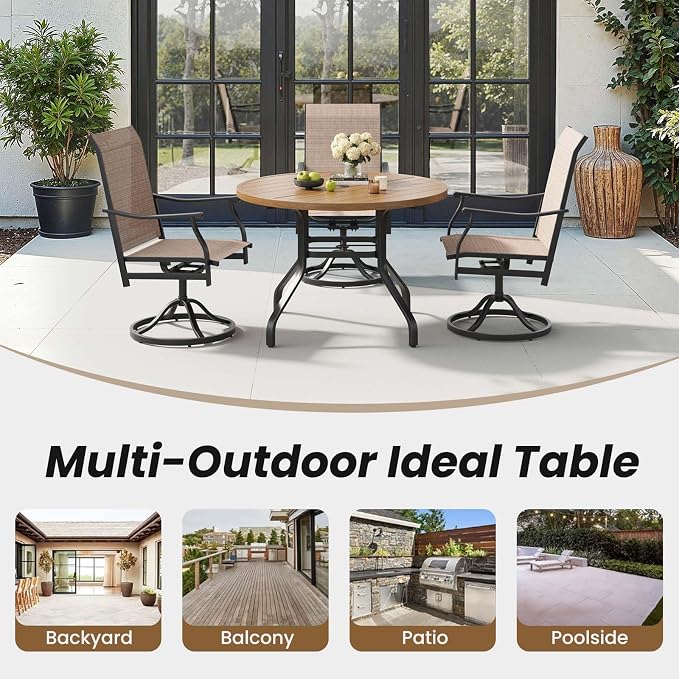 HRVEOCEI 47" Outdoor Round Table with Umbrella Hole, Metal Patio Dining Tables for Lawn Garden, Wood-Like Grain Bistro Table Outdoor for Backyard,Poolside,Deck,Por (Natural, Round)