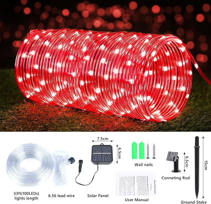 Jnaurb Solar Rope Lights, 33ft 100LED Solar String Lights, 8 Modes Waterproof Solar Outdoor Light, Flexible Clear Trampoline Light for Garden Backyard Patio Deck Porch, Pool Tree Decoration - Red