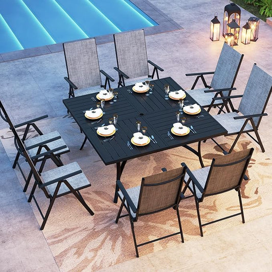PHI VILLA Outdoor Dining Set for 8 w/Square Table & Folding Chairs, Grey | Light-weight & space-saving, Breathable & quick-drying, Metal Table, Umbrella Hole, Weather-Resistant, Adjustable, Patio deck