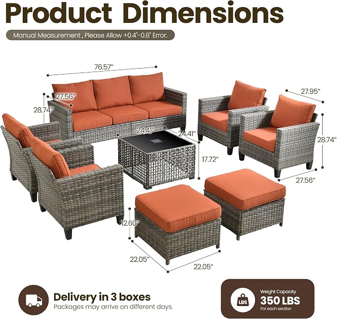 8 Piece Wicker Patio Furniture Set with Solar Table, Orange | Outdoor Deep Seating Sofa Chair Ottoman, Solar Lights Table, All Weather Rattan, Modern Conversation Set, Porch Deck Backyard