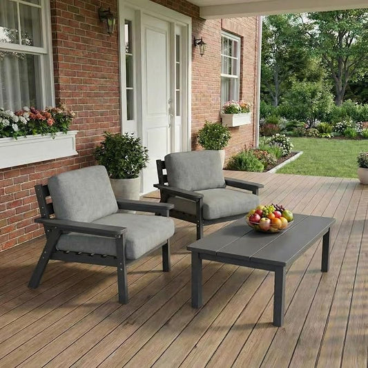 Kingdura HDPE Patio Furniture Set, 3 Piece Outdoor Sectional Sofa with Coffee Table, All Weather Outdoor Couch Conversation Set with Washable Cushions for Backyard Poolside Balcony