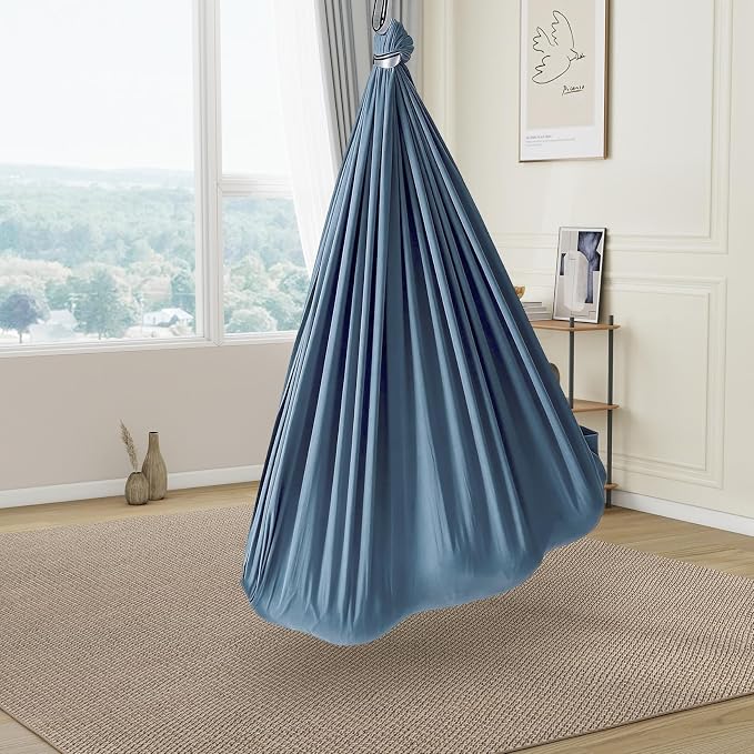 GarveeLife Double-Layer Cotton Sensory Hammock Swing for Kids & Adults, Deep Pressure Calming Therapy, 360° Swivel, Adjustable Height, Indoor Outdoor Use, 300 lbs Capacity, Haze Blue