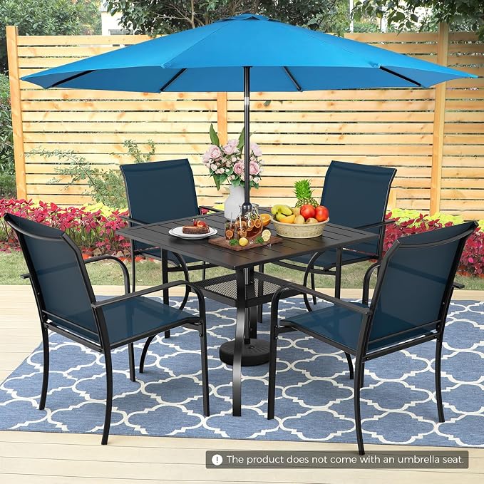 Incbruce 6 Pieces Paito Dining Set with Sky Blue Umbrella, Outdoor Metal Dining Set of 4 Textilene Chairs and Square Table with Umbrella Hole for Garden, Porch and Backyard (Blue)