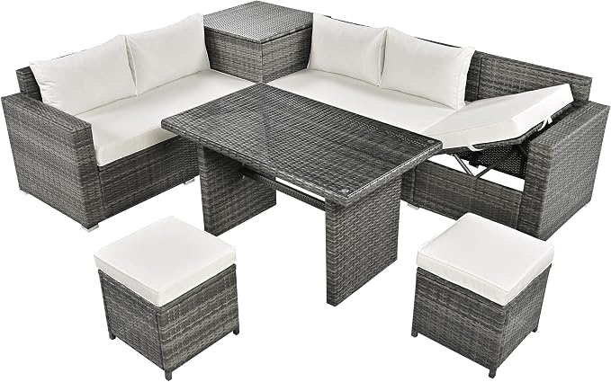 Outdoor 6-Piece All Weather PE Rattan Sofa Set, Garden Patio Wicker Sectional Furniture Set with Adjustable Seat, Storage Box, Removable Covers and Tempered Glass Top Table, Beige