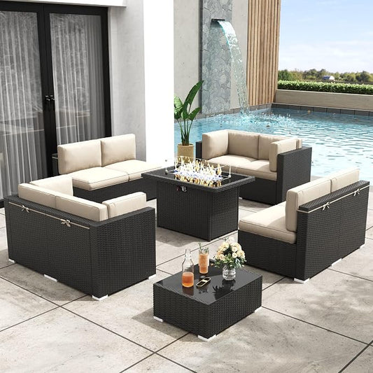 Patio Furniture Set with Fire Pit Table, 10 Pieces Outdoor All-Weather Wicker Conversation Sectional Chair Sofa Set