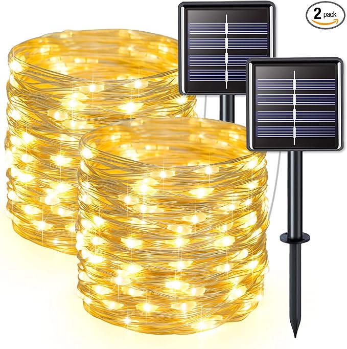JMEXSUSS 2 Pack Solar Fairy Lights, Total 200 LED 66FT Solar String Lights | Outdoor Waterproof 8 Modes Copper Wire Solar Christmas Lights for Yard Patio Tree Garden Xmas Decorations, Warm White