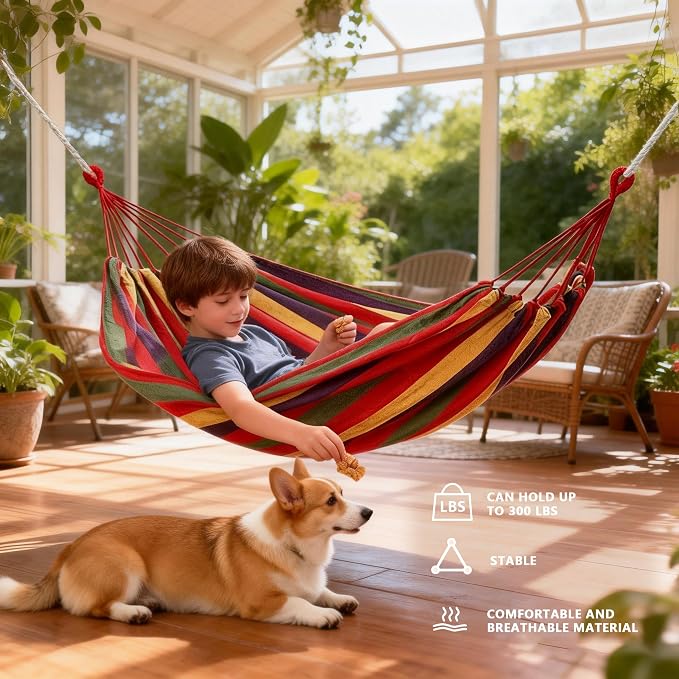 Outdoor Amacas Garden Camping Hammock Portable for Patio Yard Backyard | Cotton Canvas Hammock fabric Portable Carrying Bag stand Porch Para Patios outside 300 Lbs Maximum Weight Capacity Travel ﻿