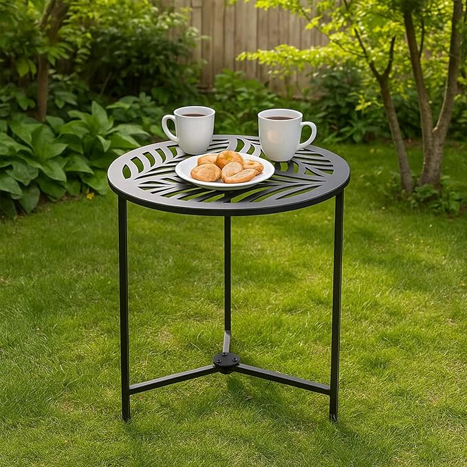 Extra-large Metal Side Table 17.7 Inches Heavy-duty Black Outdoor Patio Garden End Table Round Accent Corner Stand for Small Space Weather-resistant Coffee Table for Balcony Porch Plant Stand, Black