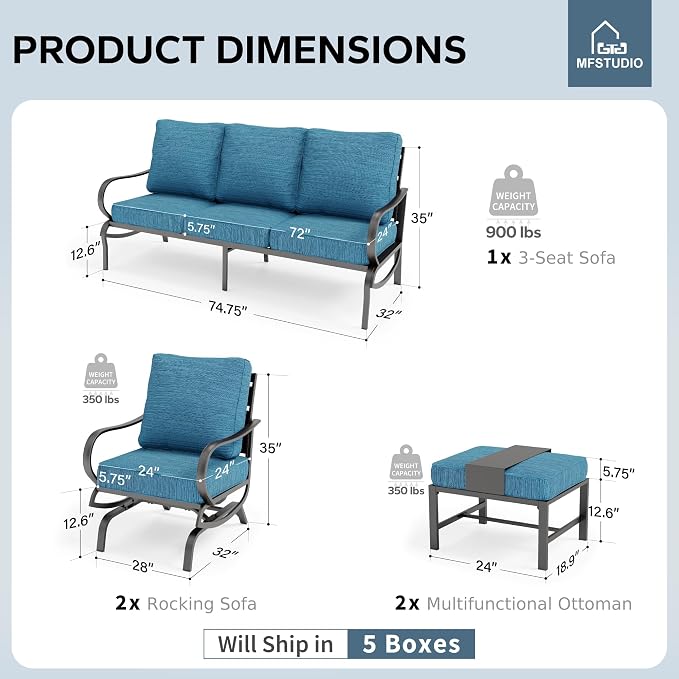MFSTUDIO 5 Pieces Patio Conversation Sets,Outdoor Metal Furniture Sofas with 1 x 3-Seat Sofa, 2 x Rocking Chairs,2 x Ottoman,Wrought Iron Frame with Peacock Blue Cushion for Patio Courtyard Balcony