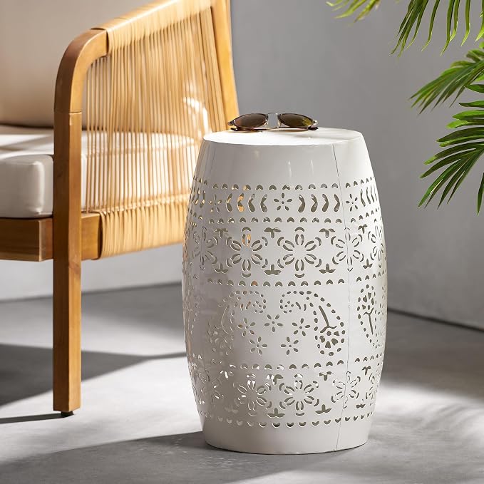 12" Outdoor Side Table, Metal Cutout Drum Side Table, Patio Garden Stool | Coffee End Tables for Small Spaces, Living Room, Backyard, Poolside