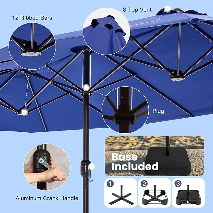 VICLLAX 8 Pieces Patio Dining Set with Umbrella, Patio Furniture Set of Metal Outdoor Table with Umbrella Hole and 6 Swivel Patio Chairs & Blue Patio Umbrella for Backyard Lawn, Dark Blue & Black