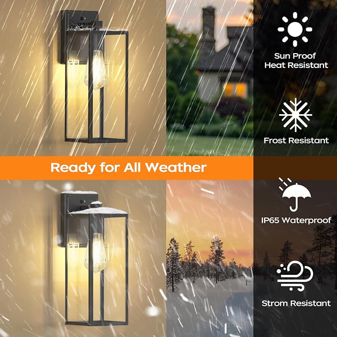 16" Dusk to Dawn Exterior Lighting Fixture, Outdoor Porch Light Wall Sconce | Anti-Rust Metal Frame, Tempered Glass, E26 Base, Waterproof, Sensor Wall Lantern for Patio, Garage, Entryway