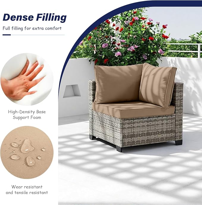 5-Piece Outdoor Patio Furniture Set, Gray PE Rattan Sectional Sofa with Dark Khaki Cushions and Steel Frame, Coffee Table Included, Modular Outdoor Conversation Set for Patio Garden Poolside