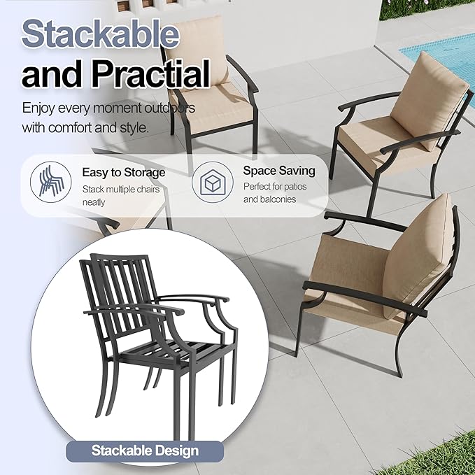 7 Piece Outdoor Dining Set for 6, Metal Patio Table and Chairs with Cushions, Patio Furniture Set with 2 Swivel Chairs, Rectangular Patio Dining Table with Umbrella Hole, Lawn Deck, Yard-Sand