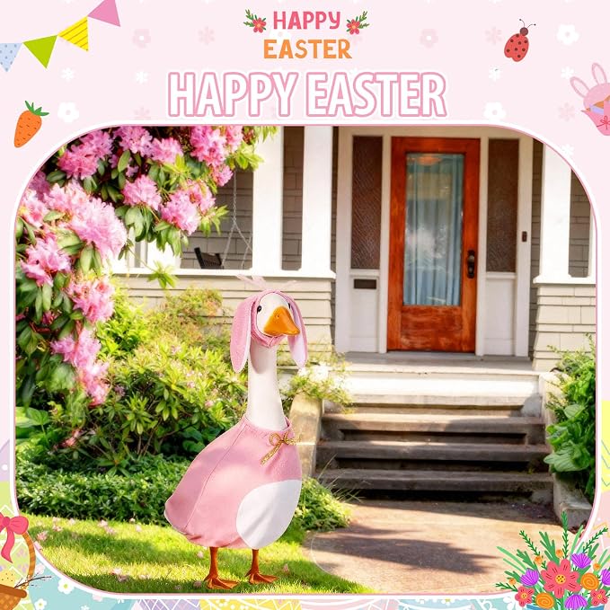 FuWeave Easter Bunny Goose Outfit for 23" Goose Costume for Cement Plastic Porch Geese Statue Spring Outdoor Garden Yard Patio Decoration, Pink