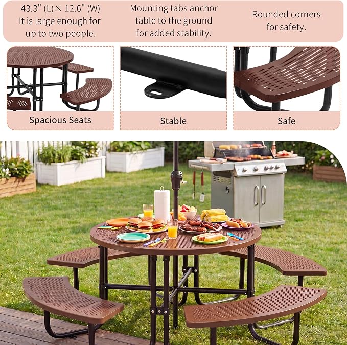 46" Outdoor Round Perforated Picnic Table Metal Camping Table with Umbrella Hole - Heavy Duty Steel Mesh Picnic Bench Set for Backyard Garden Deck, Brown