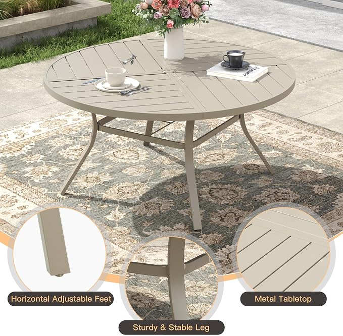 50" Outdoor Dining Table with Adjustable Umbrella Hole, Metal Slatted Round Patio Dining Table for Backyard Garden Deck, Sandshell