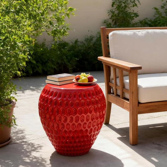 Christopher Knight Home Veygar MGO Outdoor Side Table with Flat Round Top, Lightweight Concrete Accent Table for Indoor/Outdoor Usage, Cute Strawberry-Inspired Small End Table, No Assembly, Red