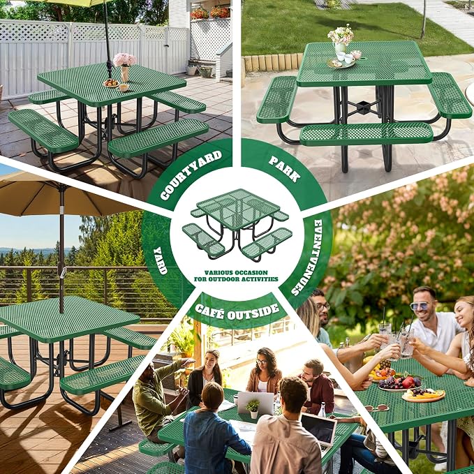 46IN Square Outdoor Picnic Table with Attached Seats, Heavy-Duty Metal Expanded Mesh Patio Table, 1600LBS Load Capacity Commercial-Grade Table for Park, Backyard, Deck, Green