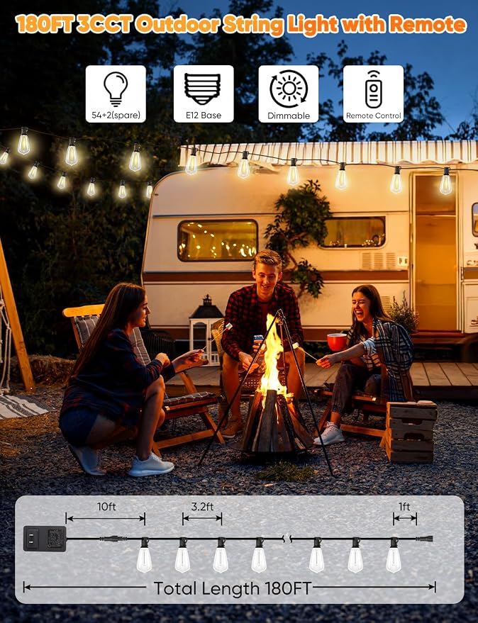 180FT LED String Lights with Remote Control, 2700K/4000K/5000K Selectable Outdoor Patio Lights with 56 Shatterproof ST38 Edison Bulbs, 3 Modes Dimmable Outside Light for Yard, Porch