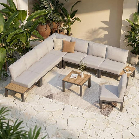 ZANDOR 7 Pieces Aluminum Outdoor Patio Furniture Set, Movable Backrest Modular Sectional Sofa Set, Metal Conversation Set with 4-inch Thick Cushion for Garden Backyard Porch, Grey