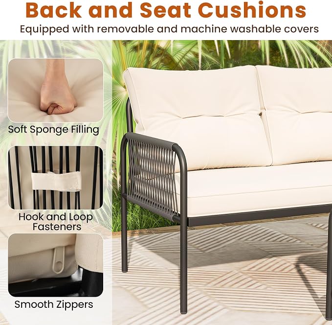 Tangkula 3-Piece L Shaped Patio Furniture Set, PE Rattan Sectional Sofas with Tempered Glass Table, Back and Seat Cushions, Outdoor Conversation Set for Porch, Backyard and Poolside