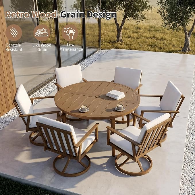 51" All-Aluminum Round Outdoor Dining Table, Modern Faux Wood Grain Patio Table for 6 with Umbrella Hole, Rust-Resistant Metal Dining Table for Garden, Backyard, Poolside & Lawn, Teak