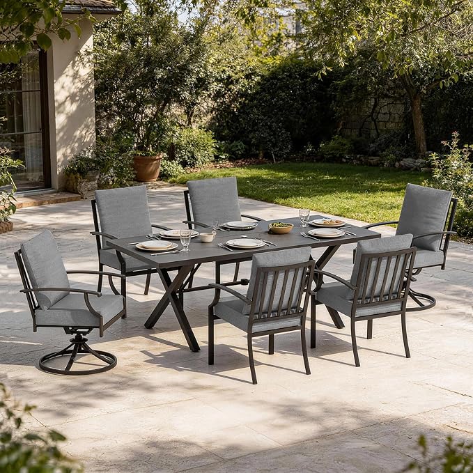 7 PCS Outdoor Patio Dining Set,Patio Table and Chairs Metal Outdoor Patio Furniture Set with Umbrella Hole,Dining Table Set with Swivel Chairs for Deck,Backyard and Garden,Grey