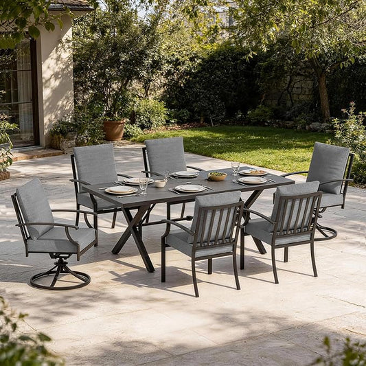 7 PCS Outdoor Patio Dining Set,Patio Table and Chairs Metal Outdoor Patio Furniture Set with Umbrella Hole,Dining Table Set with Swivel Chairs for Deck,Backyard and Garden,Grey