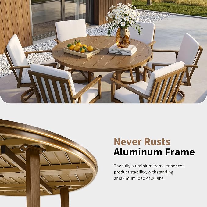 51" Round Outdoor Dining Table Set, 7-Piece Aluminum Round Outdoor Table with 6 Chairs, Rust-Resistant Faux Wood Grain Patio Table with Umbrella Hole for Garden, Backyard, Poolside, Teak