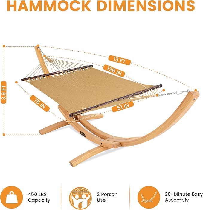 Lazy Daze Hammocks 2 Person Caribbean Rope Hammock with Wood Stand, 10.5FT Polyester Hammock with Spreader Bars, 13FT Heavy Duty Stand Combo, 450 LBS Capacity for Outdoor Backyard Garden Poolside, Tan