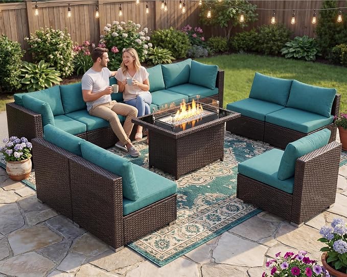 BULEXYARD 11 Piece High Back Wicker Patio Furniture Sets with Fire Pit, Luxury Plus Size Outdoor Seating Set, Comfortable Extra Wide Deep 10-Seater Sectional Couch Sofa for Outside, Brown & Turquoise
