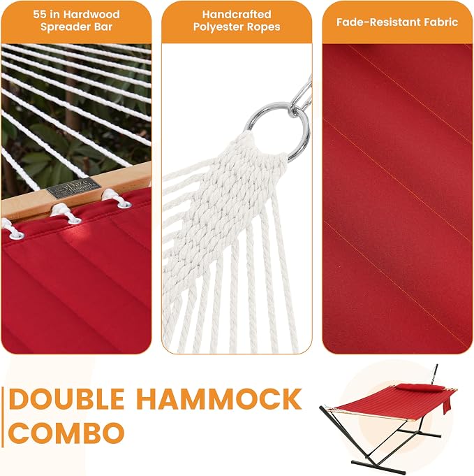 Lazy Daze Hammocks 2 Person Portable Hammock with 12FT Stand for Outside, 10.5FT Quilted Double Hammock with Spreader Bar and Detachable Pillow, 450lbs Capacity for Outdoor Patio, Burgundy