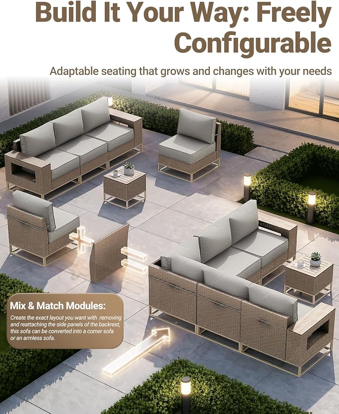 Outdoor Patio Furniture Set 6-Piece PE Rattan Wicker Outdoor Sectional Sofa with Thickened Cushions and Chunky Arms, Modern Modular L-Shaped Conversation Set for Garden, Backyard, Greige