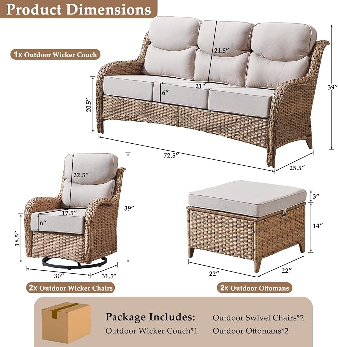 Luxury High Back Patio Furniture Set with 6-Inch Thick Cushions, 5-Pieces Outdoor Furniture with Swivel Chairs, Wicker Conversation Set for Porch, Balcony, Deck and Yard, Yellow/Beige