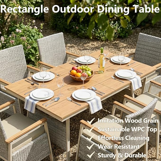 Outdoor Dining Table Set for 6, Rattan Patio Dining Sets with Waterproof Cushions, 7 Piece Patio Table and Chairs Set, Rectangular Dining Table and Patio Chairs for Porch/Deck/Yard, Green