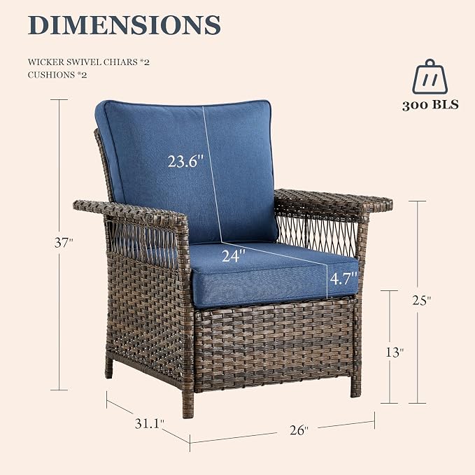 Patio Furniture Set 2 Wicker Patio Chairs with PE Rattan Side Table Set Brown Wicker Blue Cushions Patio Conversation Set 3pcs for Garden Balcony Sunroom Backyard Deck Porch