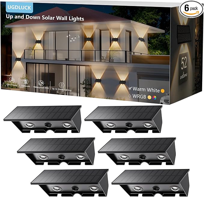 6PACK Solar Wall Lights Outdoor,Warm White 2 Lighting Modes Up & Down Solar Sconce Lights Dusk to Dawn Lighting IP65 Waterproof Solars Lights Outdoor for Exterior Front Porch Garage Fence Patio Yard